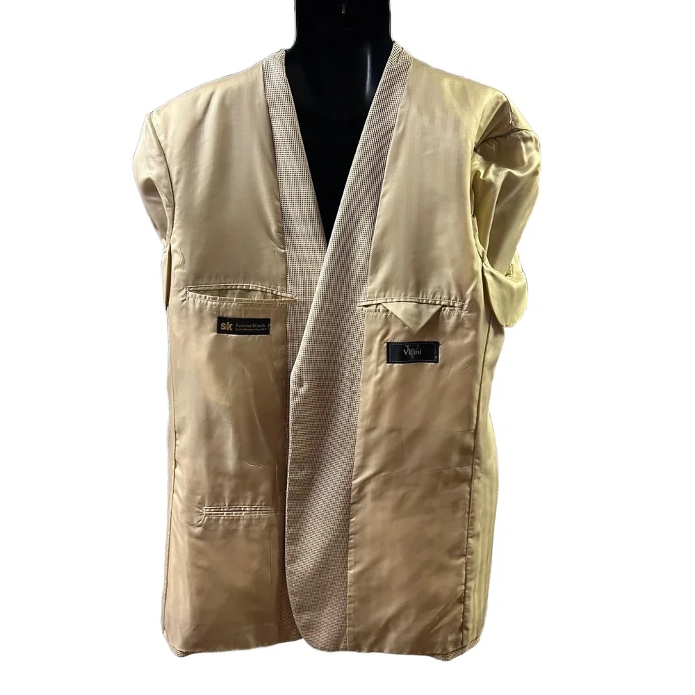 VTG Villini SK Famous Brands Jacket 42L Beige Checkered Blazer Silk‎ Wool Modern